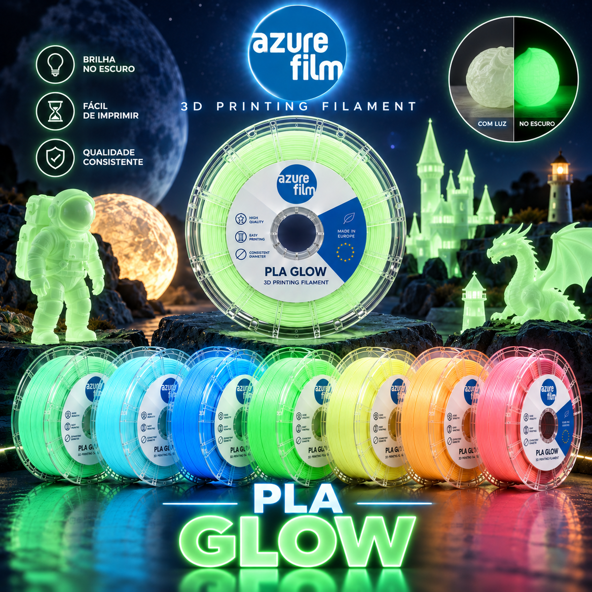 PLA Glow Refill Azurefilm 1,75mm sem bobine glow in the dark sustentável