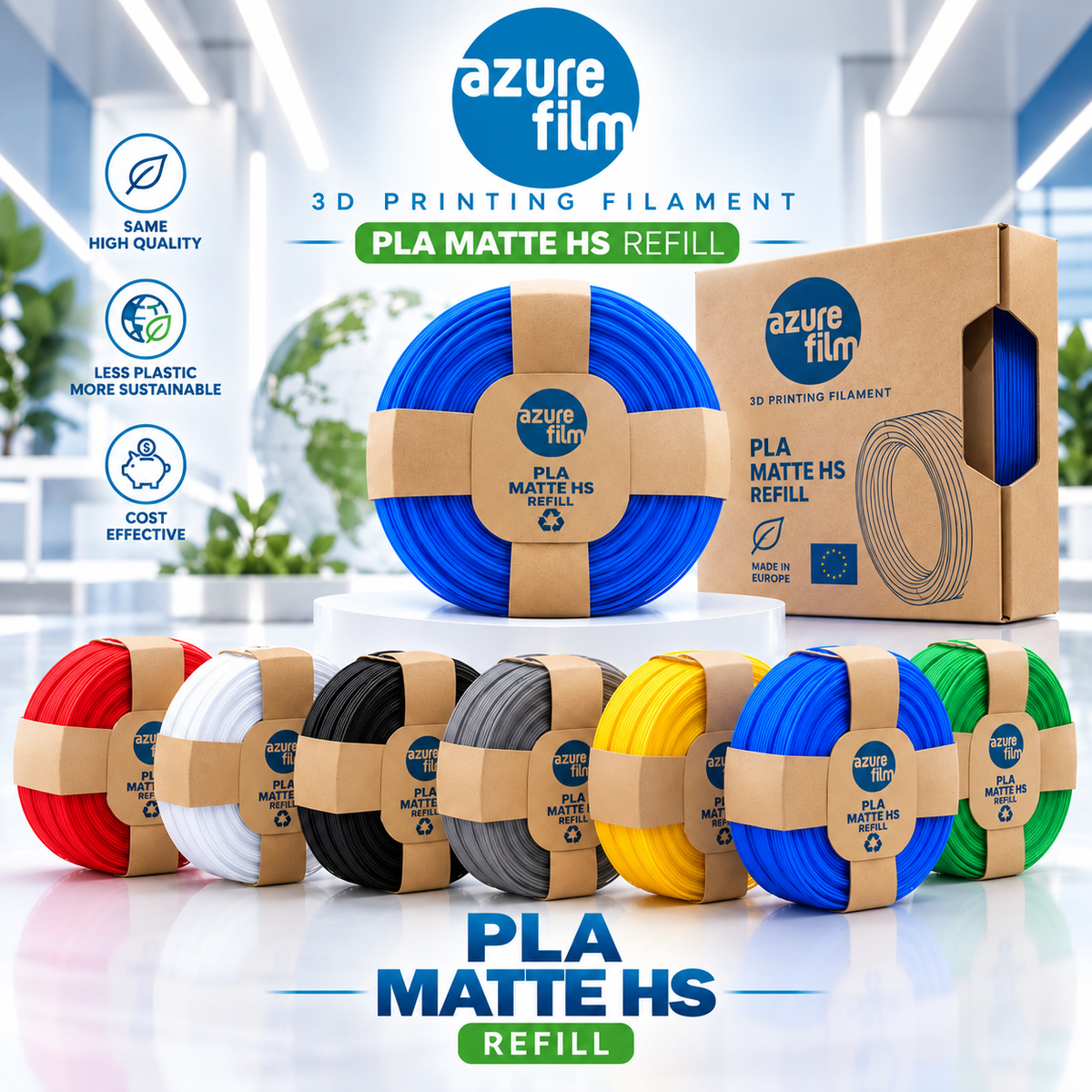PLA MATTE HS (Refill) Azurefilm - Diâmetro 1,75mm Bobine 1kg