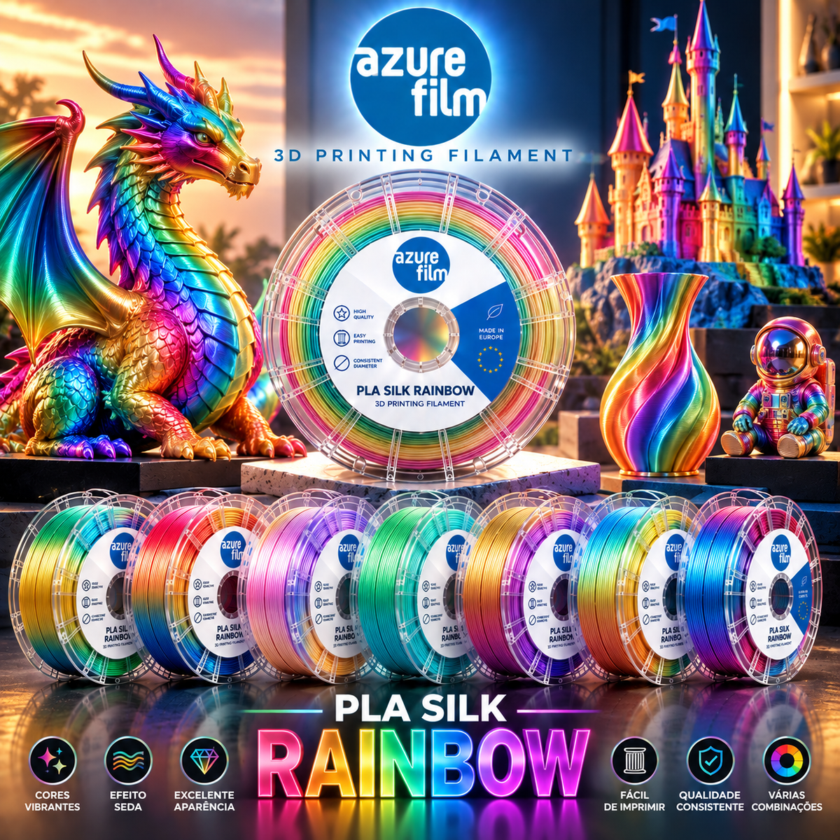 PLA SILK RAINBOW Azurefilm - Diâmetro 1,75mm Bobine 1kg